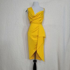 Lavish Alice Yellow Emma Cowl Neck Midi Wrap Dress Size 6